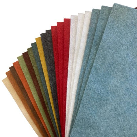  colourful felt sheets displayed on a plain white surface. 