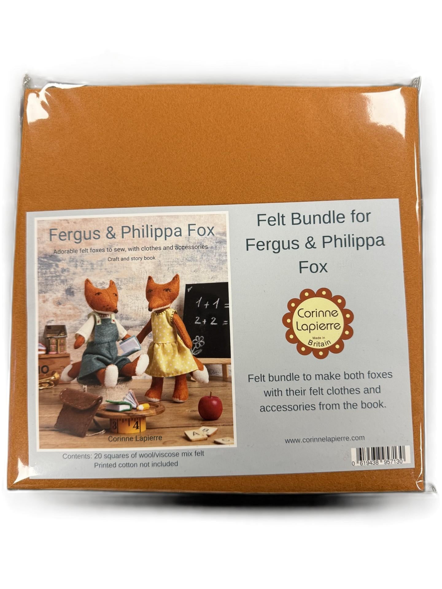 Felt bundle packaging for Fergus & Philippa Fox by Corinne Lapierre on a white background.