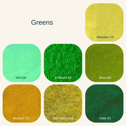 swatches of green felt colours with white background and shade names and numbers.
