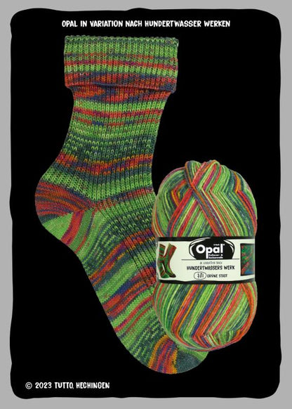 Colourful striped sock and yarn ball  in greens and red with Opal branding on a black background