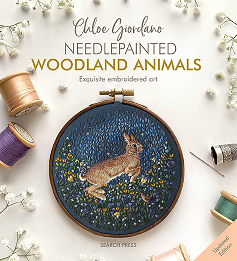 Book cover of 'Needlepainted Woodland Animals' by Chloe Giordano with embroidery hoop and rabbit design.