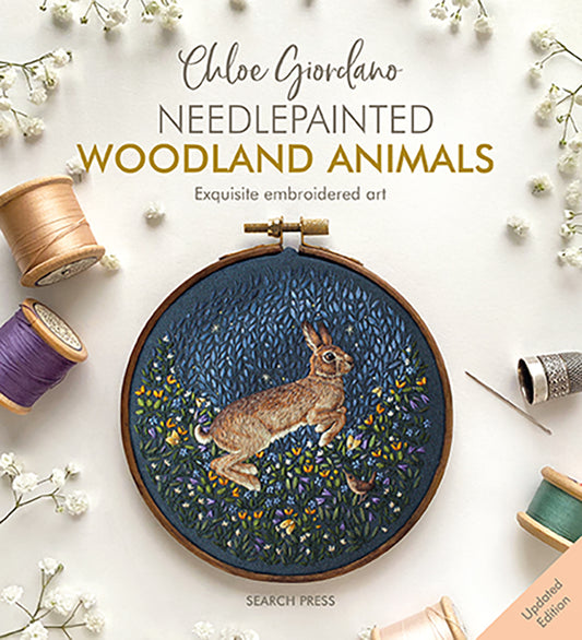 Book cover of 'Needlepainted Woodland Animals' by Chloe Giordano with embroidery hoop and rabbit design.