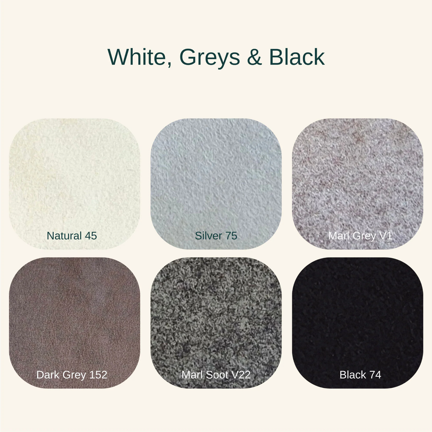 white, greys and black felt colours with names and shade numbers on white background