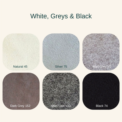 white, greys and black felt colours with names and shade numbers on white background