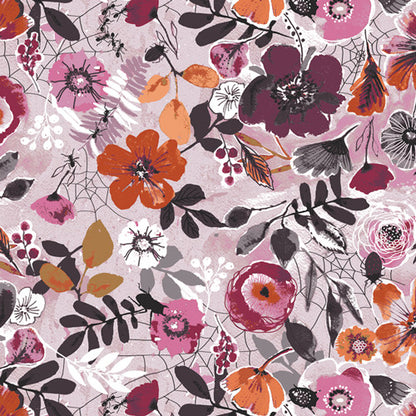 Night Bloom Rose from the Eerie Collection by Art Gallery Fabrics, a floral pattern with colourful flowers and leaves on a light background in pinks, black, grey.