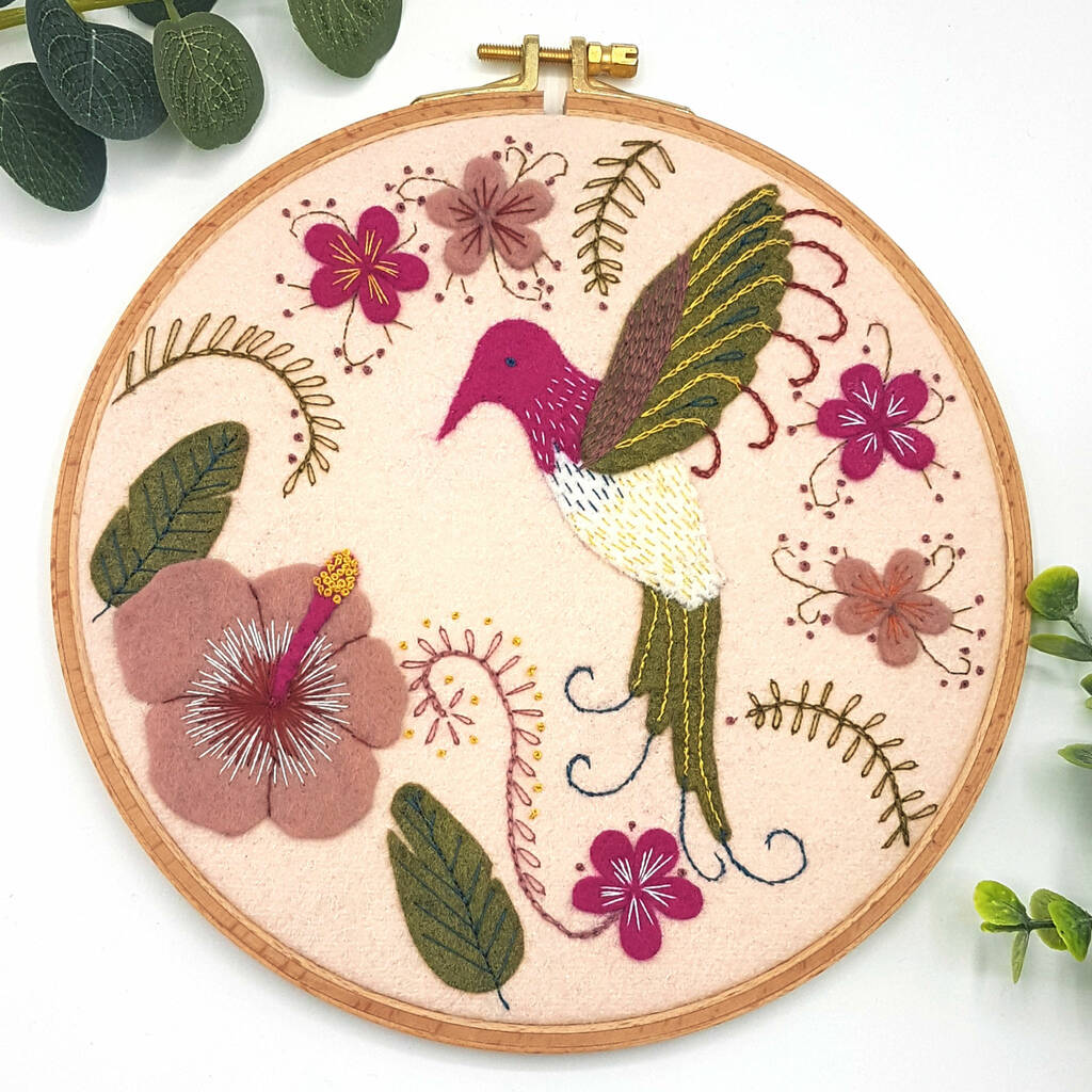 Embroidery hoop with a hummingbird  and floral design on a white background