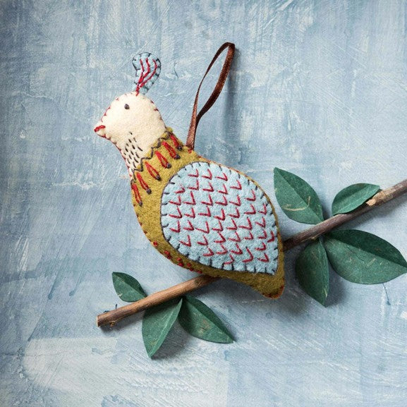 partridge felt decoration on branch with leaves with distressed  