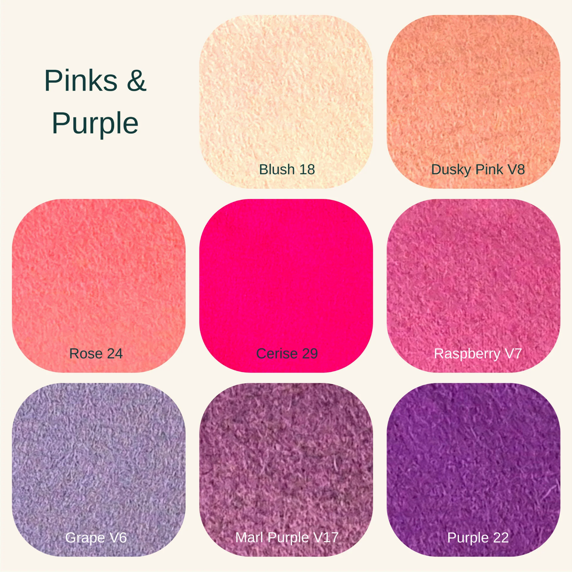 swatches of pinks and purple felt colours with names and shades numbers on a plain white background.