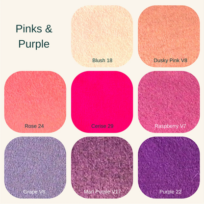 swatches of pinks and purple felt colours with names and shades numbers on a plain white background.