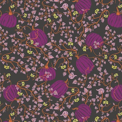 Pumpkin Patch Deep, from the Spooky 'n' Witchy Collection by Art Gallery Fabric, a pattern of purple pumpkins and vines on a dark background.