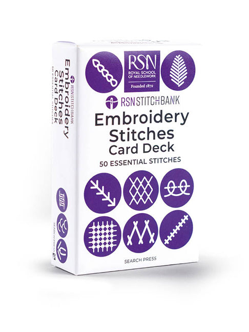 RSN Embroidery Stitches Card Deck packaging on a white background