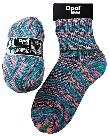 Multicolored yarn ball and sock in colours teal and hints of orange and pink with Opal branding on a white background 