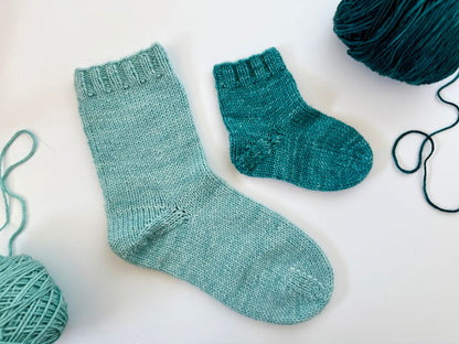 image of teal large and small sock and 2 balls of yarn.  