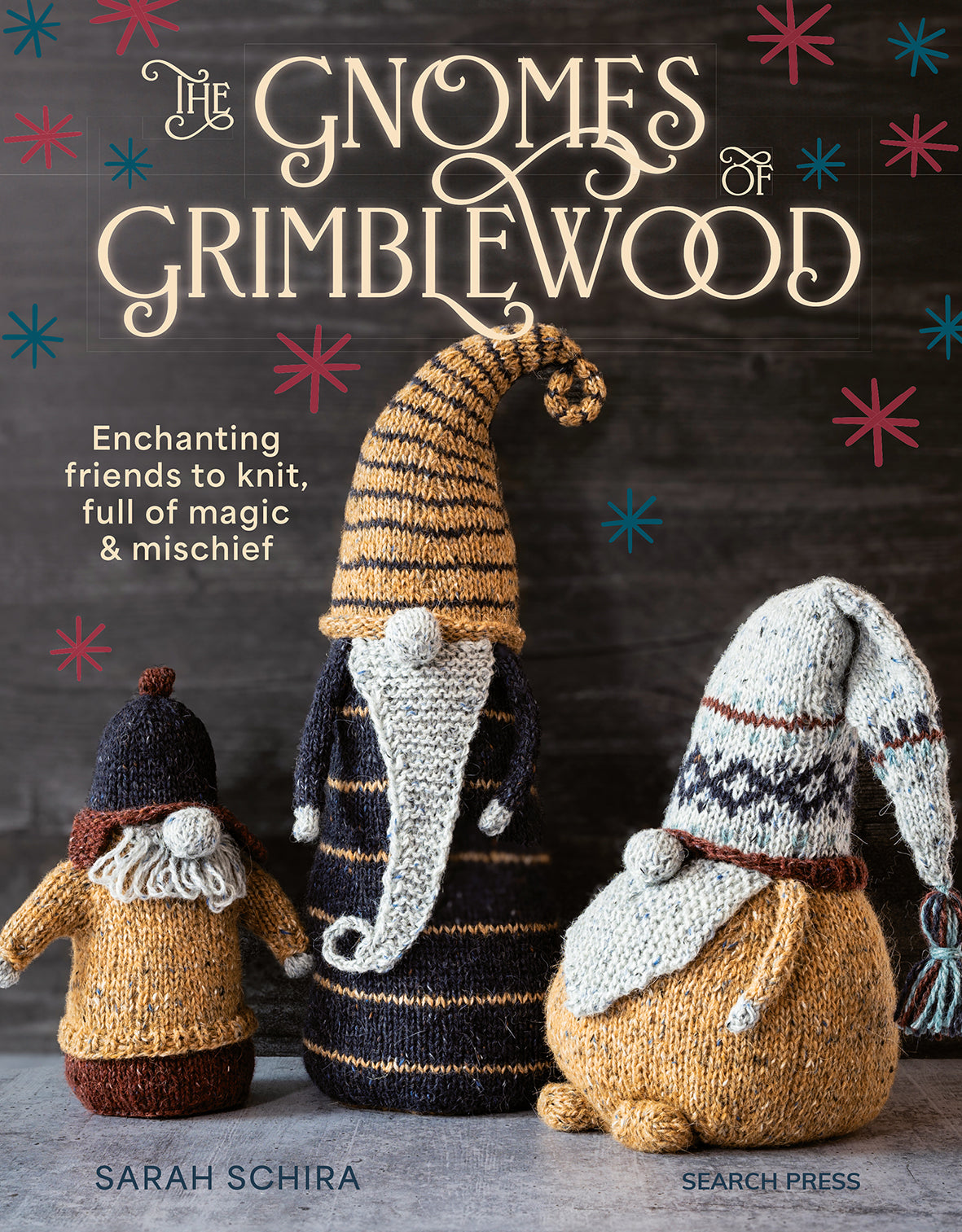 Knitted gnomes with a dark background and colorful stars, featuring the book 'The Gnomes of Grimblewood' by Sarah Schira. 