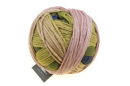 Image shows wound ball of Schoppel Gradient DK yarn. Colourway is 2336 Woman in the Woods/Waldfrau in shades of blue, green and neutral.