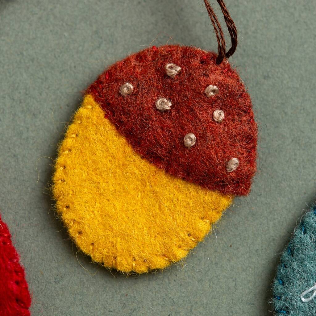 up close up of felt stitched acorn on a grey background.