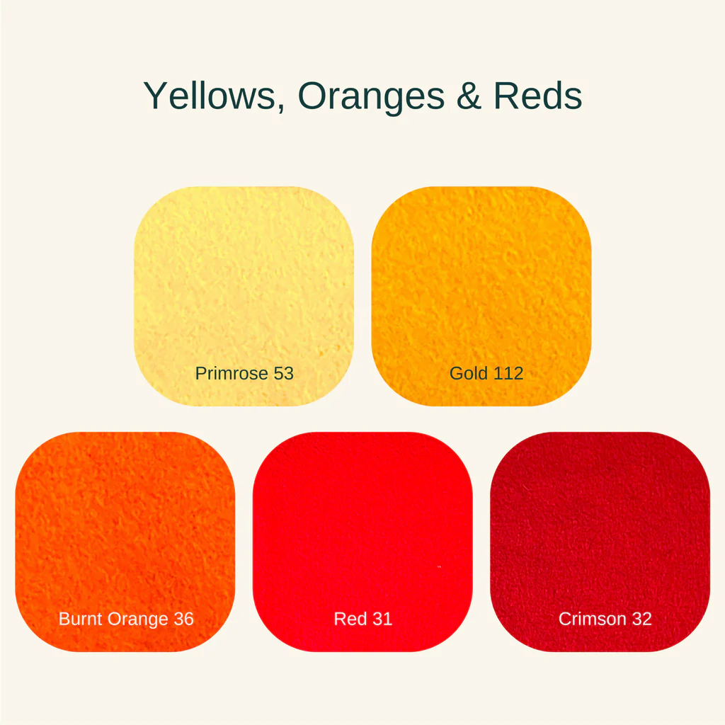 swatches of warms yellow oranges and reds showing the colours of felt.
